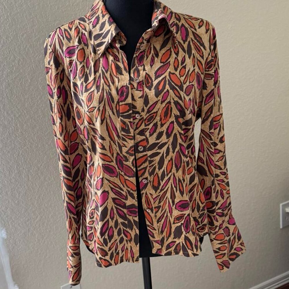 Classiques entier Silk Long Sleeve Shirt Blouse with Leaf Print Size M
